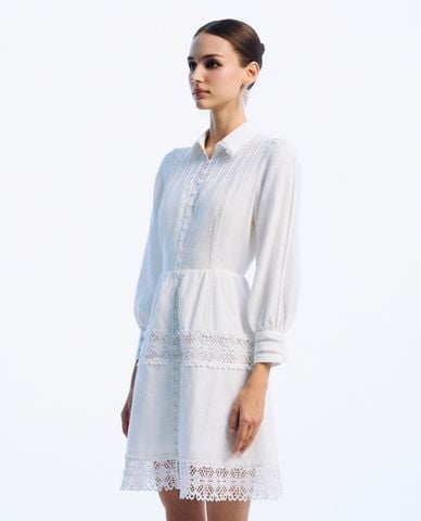  GIGI - Đầm xếp tầng mini cổ bẻ tay dài phối ren thời thượng 