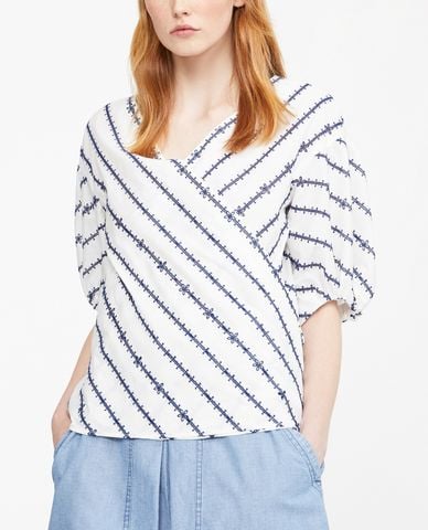  WEEKEND MAX MARA - Áo kiểu nữ cổ V tay ngắn sọc chéo 
