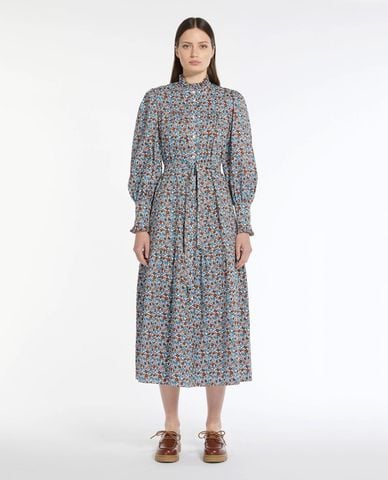  WEEKEND MAX MARA - Đầm xếp li midi cổ tròn tay dài hoạ tiết phối thắt lưng Timoteo 