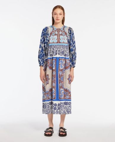  WEEKEND MAX MARA - Đầm midi cổ tròn tay dài phối hoạ tiết Ghiotto 