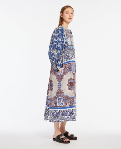  WEEKEND MAX MARA - Đầm midi cổ tròn tay dài phối hoạ tiết Ghiotto 