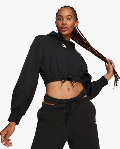 PUMA - Áo hoodie nữ tay dài phối mũ Classics Cropped 