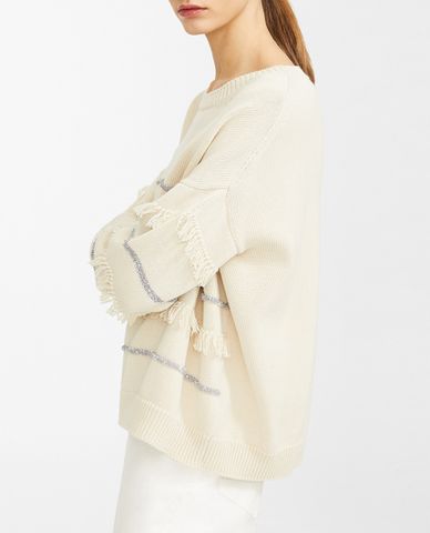  WEEKEND MAX MARA - Áo len nữ cổ tòn tay dài phối viền tua rua thời trang 