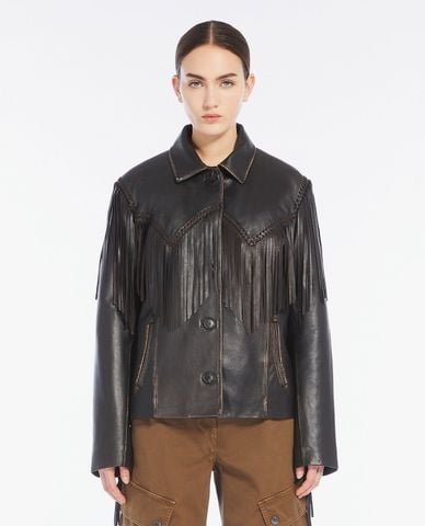  WEEKEND MAX MARA - Áo khoác da nữ cổ bẻ tay dài phối tua rua Eracle 