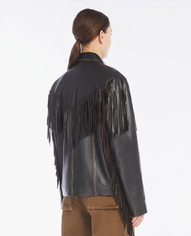  WEEKEND MAX MARA - Áo khoác da nữ cổ bẻ tay dài phối tua rua Eracle 