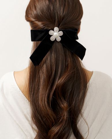  CECI - Kẹp tóc vải nữ hình chiếc nơ phối bông hoa đính đá sang trọng 