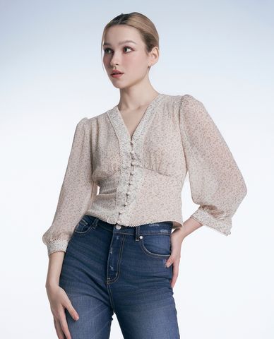  GIGI - Áo kiểu nữ cổ V tay dài phồng thời trang 