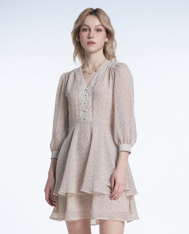  GIGI - Đầm xếp tầng mini cổ V tay lỡ bo gấu hiện đại 