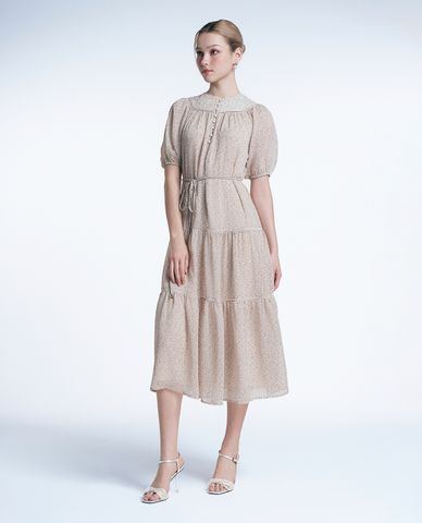  GIGI - Đầm xếp tầng midi cổ tròn tay ngắn phồng thời trang 