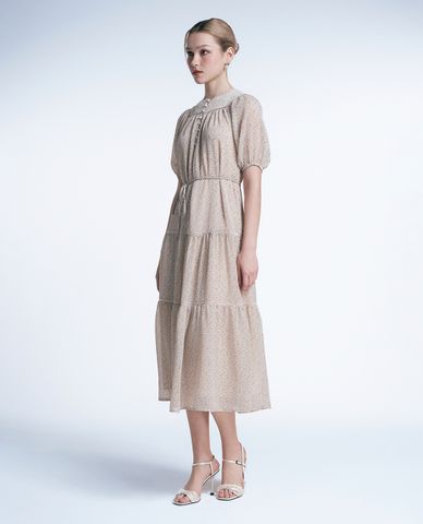  GIGI - Đầm xếp tầng midi cổ tròn tay ngắn phồng thời trang 