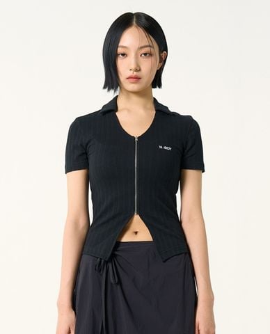  NERDY - Áo dệt kim nữ cổ bẻ tay ngắn Knitted Zipper 