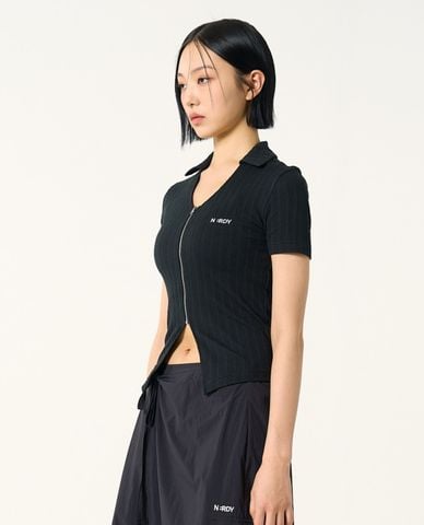  NERDY - Áo dệt kim nữ cổ bẻ tay ngắn Knitted Zipper 