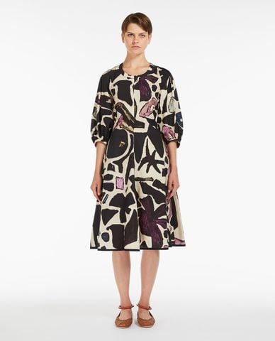  WEEKEND MAX MARA - Đầm midi cổ tròn tay phồng phối hoạ tiết Sassari 