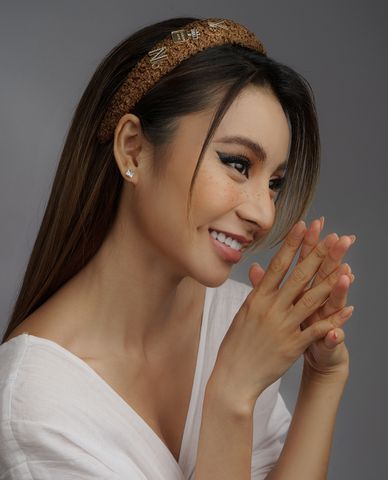  CECI - Băng đô nữ vải lông phối mặt kim loại thời trang 