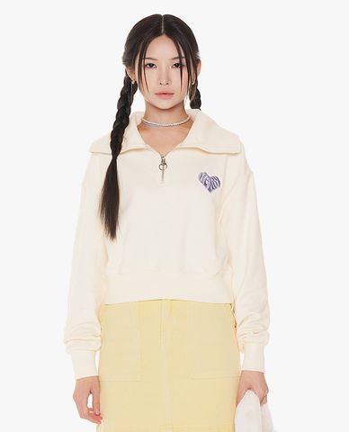  NERDY - Áo sweatshirt nữ phom croptop cổ bẻ tay dài Souffle 