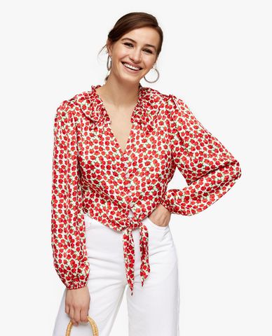  TOPSHOP - Áo kiểu nữ cổ V tay dài Pink Rose Frill Tie 