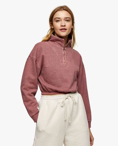  TOPSHOP - Áo sweatshirt nữ cổ trụ phối zip PETITE Pink Acid Wash 
