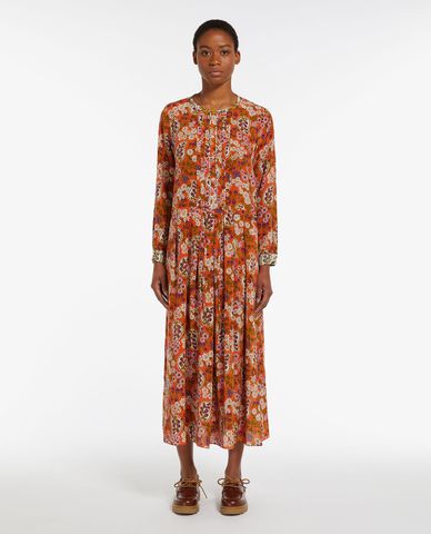  WEEKEND MAX MARA - Đầm xếp li midi cổ tròn tay dài hoạ tiết Siro 