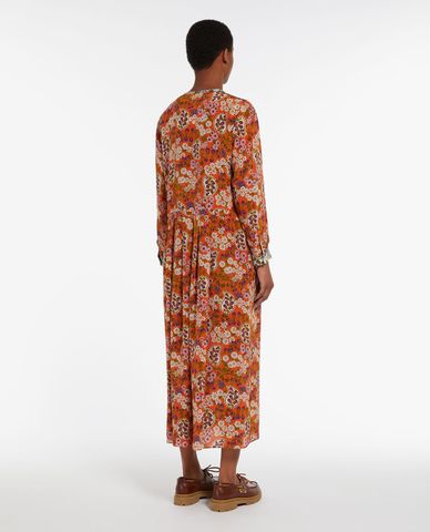  WEEKEND MAX MARA - Đầm xếp li midi cổ tròn tay dài hoạ tiết Siro 