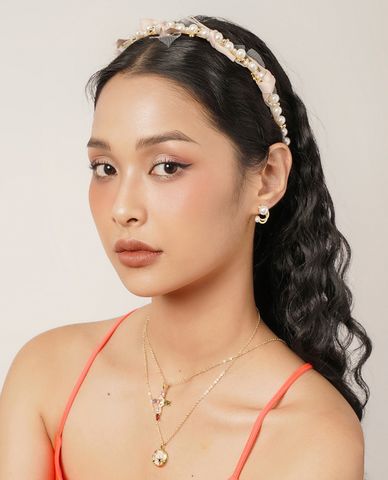  CECI - Băng đô cài tóc nữ ngọc trai buộc vải thời trang 