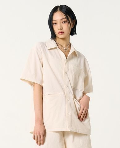  NERDY - Áo sơ mi unisex cổ bẻ tay ngắn Seersucker 