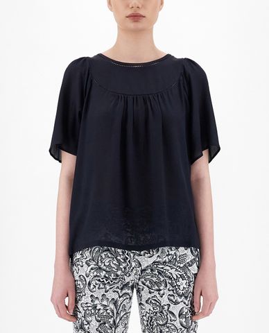  WEEKEND MAX MARA - Áo kiểu nữ cổ tròn ngắn tay Silk Crepe De Chine 