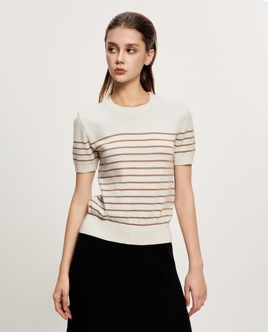  GIGI - Áo dệt kim nữ cổ tròn tay ngắn kẻ sọc trẻ trung 