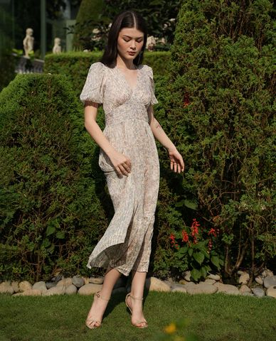  GIGI - Đầm midi tay phồng cổ V cột nơ sau thời trang 