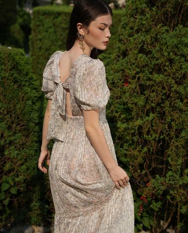  GIGI - Đầm midi tay phồng cổ V cột nơ sau thời trang 