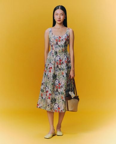  GIGI - Đầm sát nách midi phối hoạ tiết hoa thời trang 