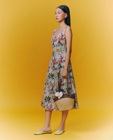  GIGI - Đầm sát nách midi phối hoạ tiết hoa thời trang 