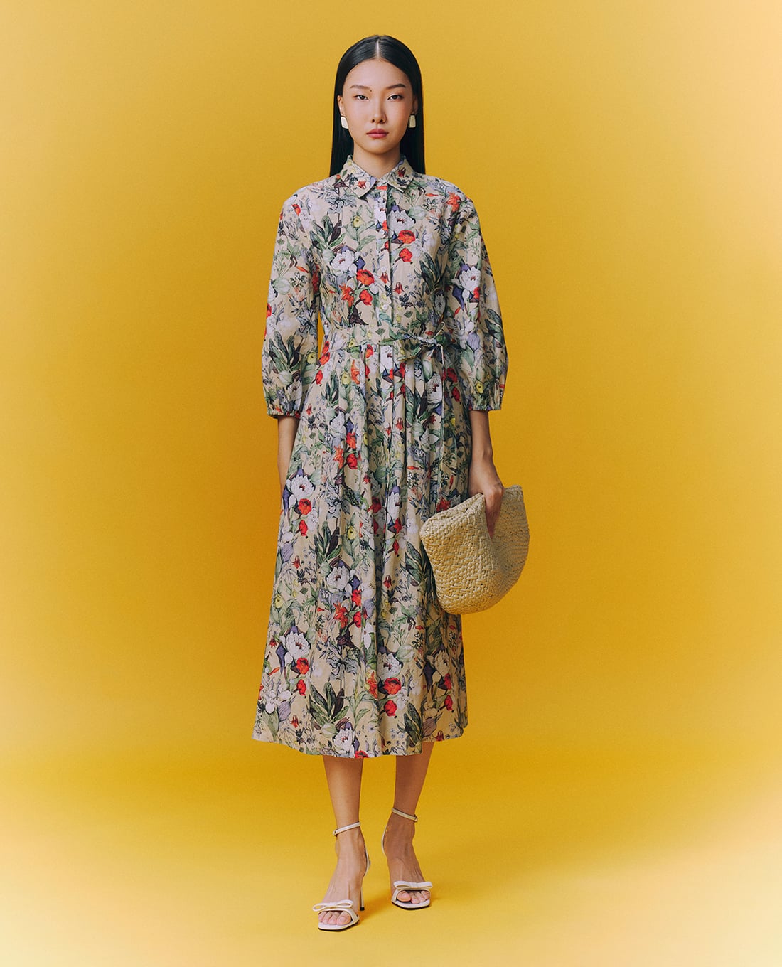 GIGI - Đầm sơ mi midi tay dài phối hoạ tiết hoa thanh lịch