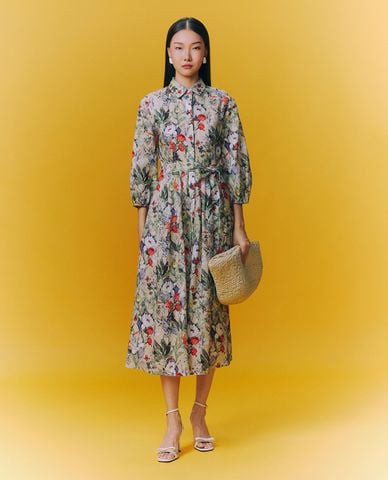  GIGI - Đầm sơ mi midi tay dài phối hoạ tiết hoa thanh lịch 