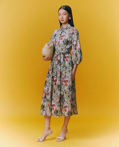  GIGI - Đầm sơ mi midi tay dài phối hoạ tiết hoa thanh lịch 