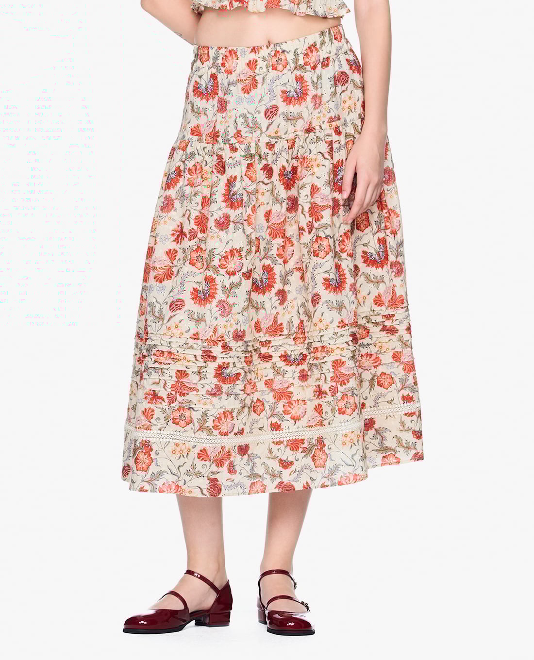 GIGI - Chân váy chữ A midi phối họa tiết hoa thời trang