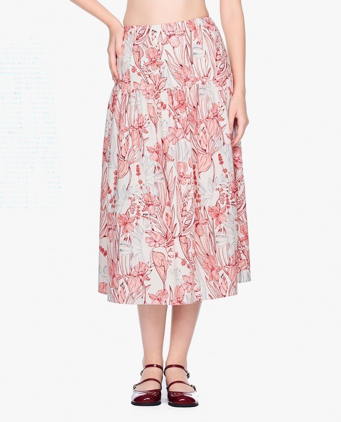 GIGI - Chân váy chữ A midi phối họa tiết hoa thời trang