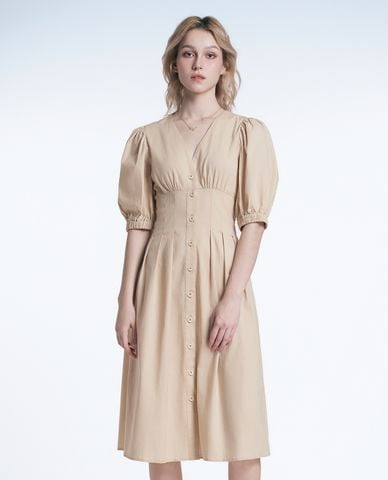  GIGI - Đầm sơ mi midi cổ V tay phồng xếp li cách điệu thời thượng 