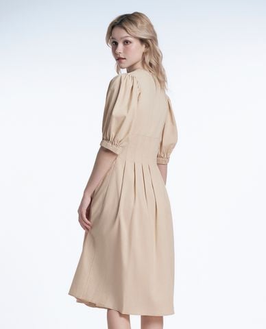  GIGI - Đầm sơ mi midi cổ V tay phồng xếp li cách điệu thời thượng 