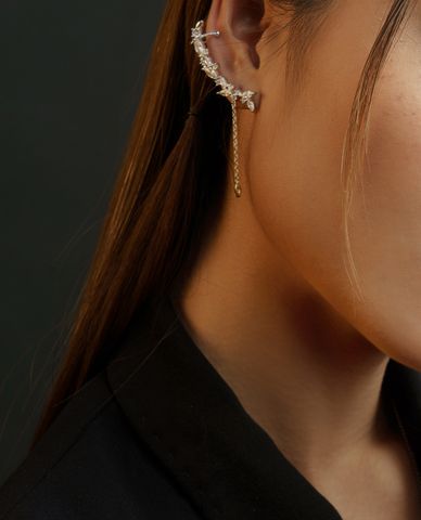  CECI - Khuyên tai nữ kẹp đính đá phối chuỗi xích cá tính 