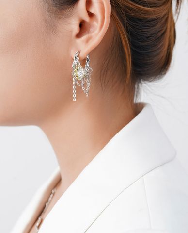  CECI - Khuyên tai nữ khoen tròn đính đá phối chuỗi xích độc đáo 