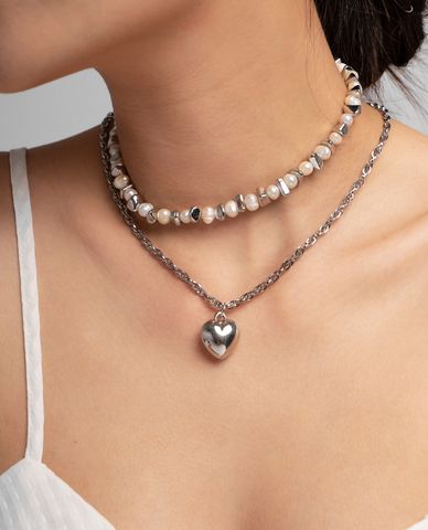  CECI - Dây chuyền nữ 2 tầng đính ngọc trai phối mặt trái tim thời trang 