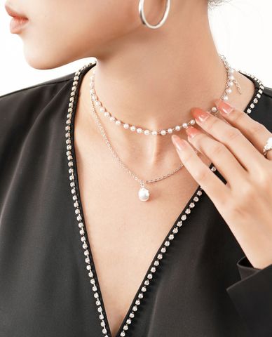  CECI - Vòng cổ nữ hai tầng dạng chuỗi phối ngọc trai thanh lịch 