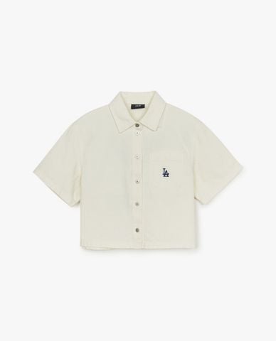  MLB - Áo sơ mi denim nữ cổ bẻ tay ngắn Varsity Logo 