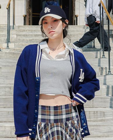  MLB - Áo khoác cardigan unisex cổ V tay dài Varsity 