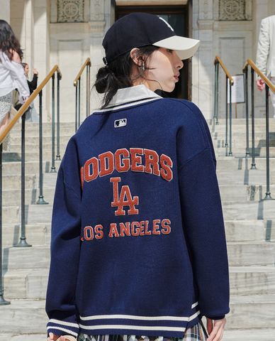  MLB - Áo khoác cardigan unisex cổ V tay dài Varsity 