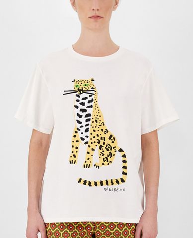  WEEKEND MAX MARA - Áo thun nữ tay ngắn cổ tròn phối hình in Cotton Jersey 