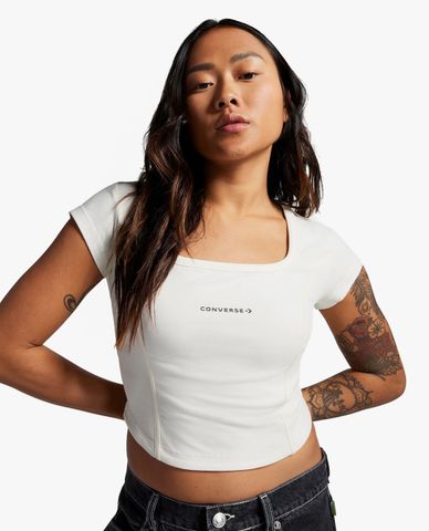  CONVERSE - Áo croptop nữ cổ vuông tay ngắn Wordmark Corset 