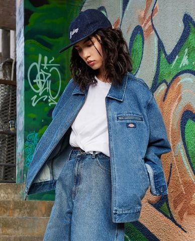  DICKIES - Áo khoác denim unisex cổ bẻ tay dài 