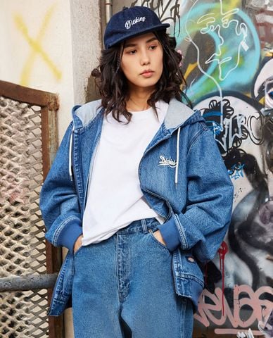  DICKIES - Áo khoác denim unisex phối mũ tay dài 