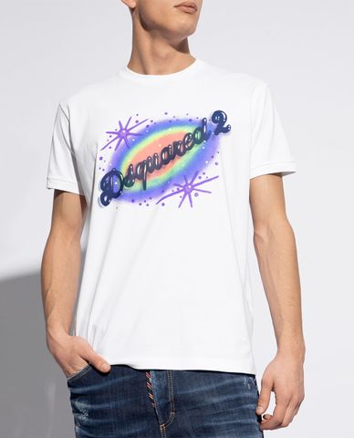  DSQUARED2 - Áo thun nam cổ tròn tay ngắn phối hình vẽ kèm logo cách điệu 